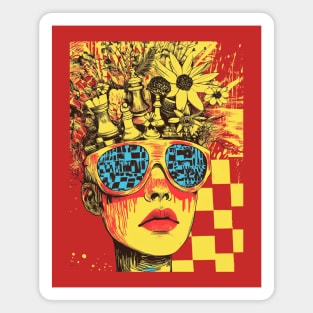Neo-Punk Chessboard Head with Floral and Abstract Elements Magnet